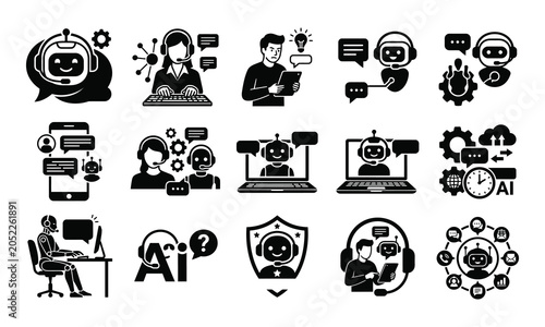 AI Chatbot Customer Support Silhouette Pack Digital Assistant Vector Illustration