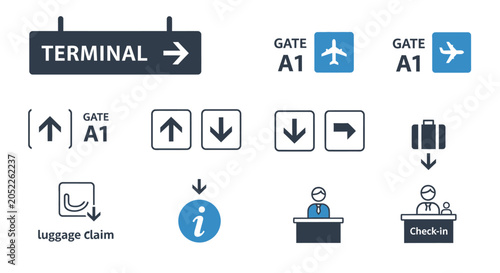 Airport terminal signs and symbols.