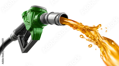 Green fuel pump nozzle pouring gasoline with a liquid splash, filling up a vehicle, energy crisis isolated on a white background