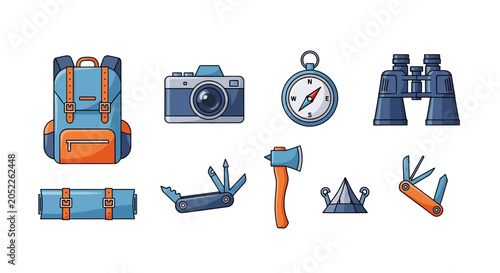 Tableau sur toile Hiking camping travel adventure gear icons.