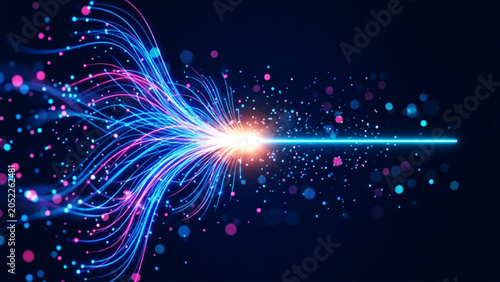 Glowing fiber optic cables flowing with blue and pink light particles representing high speed data transfer and global network connectivity in digital communication space.
