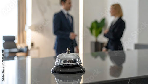 Hotel reception desk with service bell in foreground, blurred business people talking in background, hospitality service concept
