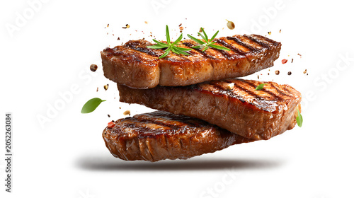 Grill Pork Chops, beef steaks, realistic 3d brisket flying in the air, isolated on a white background