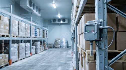 industrial humidity monitoring sensor inside refrigerated warehouse supporting cold chain logistics inventory protection and environmental compliance
