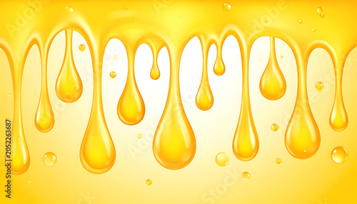 Golden honey dripping in thick droplets and small bubbles, sweet liquid flow on a light yellow background, natural food texture