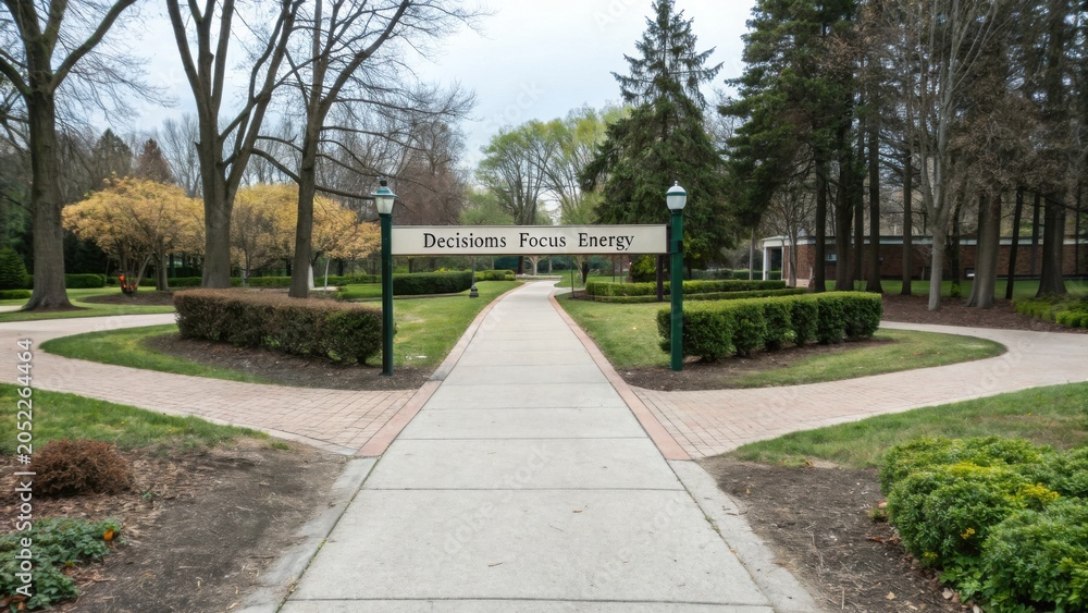 Fototapeta premium Serene Pathway in a Tranquil Park with Signboard Promoting Decisions Focus Energy for Reflection and Clarity in Nature Setting