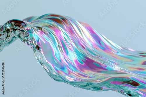 Holographic fluid splash flowing through a bright studio in a professional macro shot with sharp focus for modern technology and beauty marketing