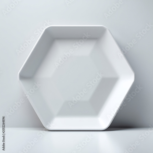 Empty white hexagonal ceramic plate with geometric facets for serving food
