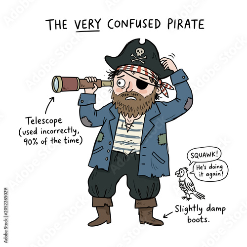 Картината върху платно Clumsy pirate using telescope incorrectly on white background with funny annotations in comic style