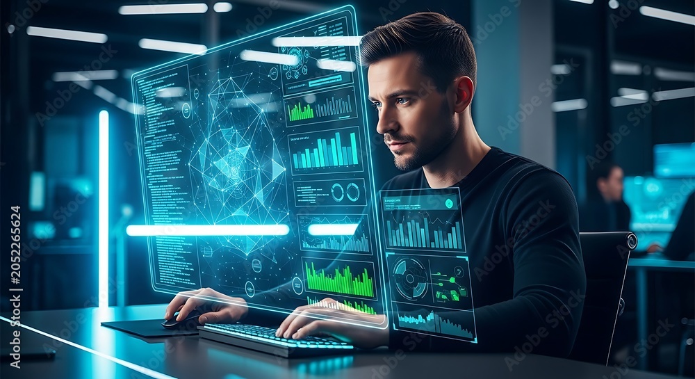 Fototapeta premium Man sitting at desk working on computer with futuristic data visualization screens floating above keyboard