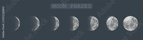 Tableau sur toile Moon Phases Illustration Set Showing Lunar Cycle Stages on Dark Background, Waxing and Waning Moon Astronomy Infographic