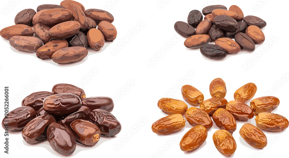 Obraz premium Set of Various Dates Including Fresh, Dried, and Sweetened Dates for Healthy Snacks, Vegan, and Culinary Graphics