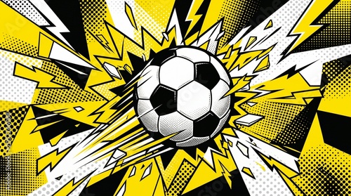 Comic book style soccer ball explosion, dynamic pop art football illustration with yellow lightning bolts, high energy sports action background
