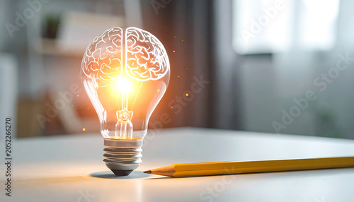 Illuminated lightbulb with a glowing brain inside, symbolizing creativity, innovation, and a brilliant idea, with a pencil on a table