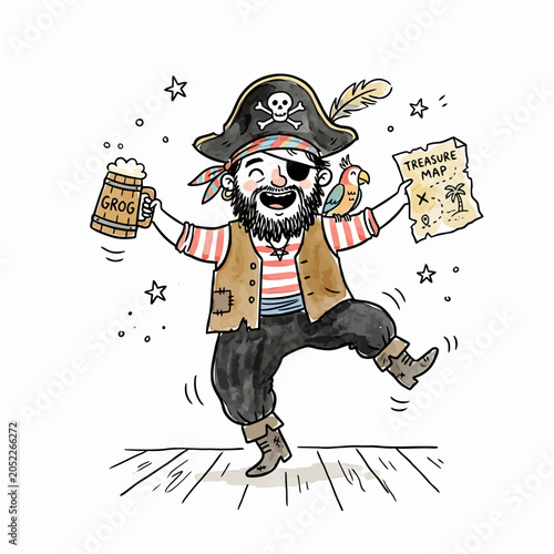 фотографія Happy pirate dancing with grog and treasure map.