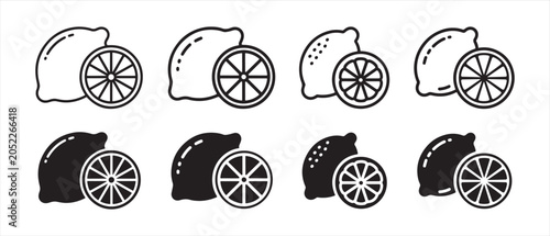 Foto Set of lemon fruit icons with whole fruit and slice in black and white line art and solid silhouette styles for food and drink design projects