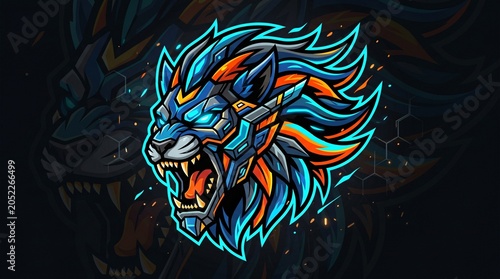 Cyberpunk robotic lion mascot logo, futuristic mechanical predator head with glowing blue armor, sci-fi esports lion character for gaming