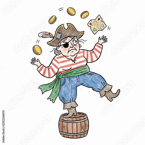 Fotografía Female pirate standing on a wooden barrel juggling gold coins and a treasure map