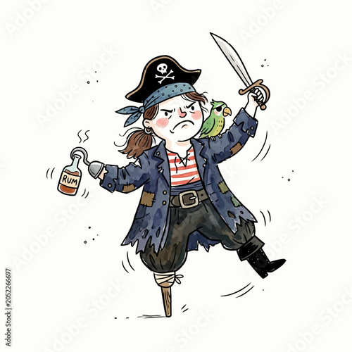 Slika na platnu Cartoon pirate character with hook hand and wooden leg holding rum bottle
