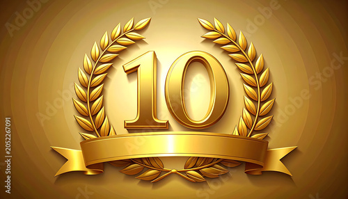 Golden laurel wreath with number 10 and ribbon, representing anniversary, achievement, or celebration on a warm gradient background