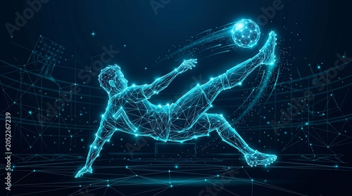 Futuristic soccer player performing bicycle kick, digital wireframe football athlete in stadium, glowing blue neon sports technology concept