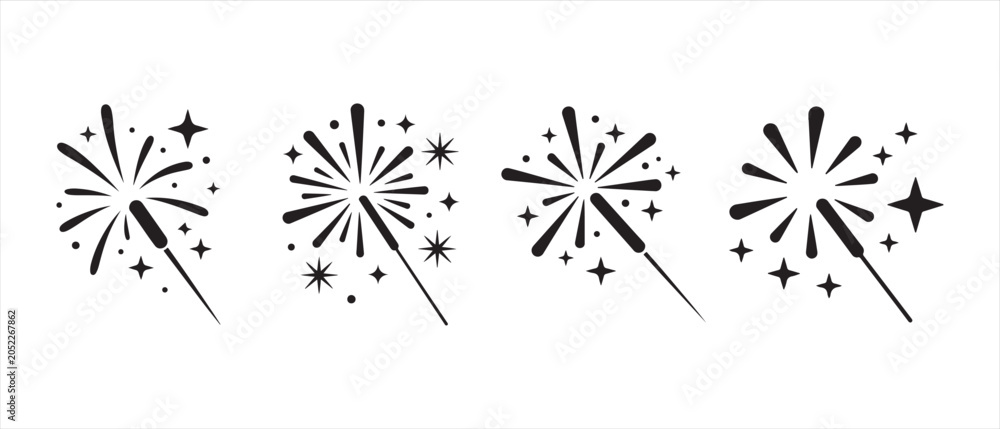 Obraz premium Black and white sparkler icons set featuring glowing firework bursts in a minimalist graphic style.