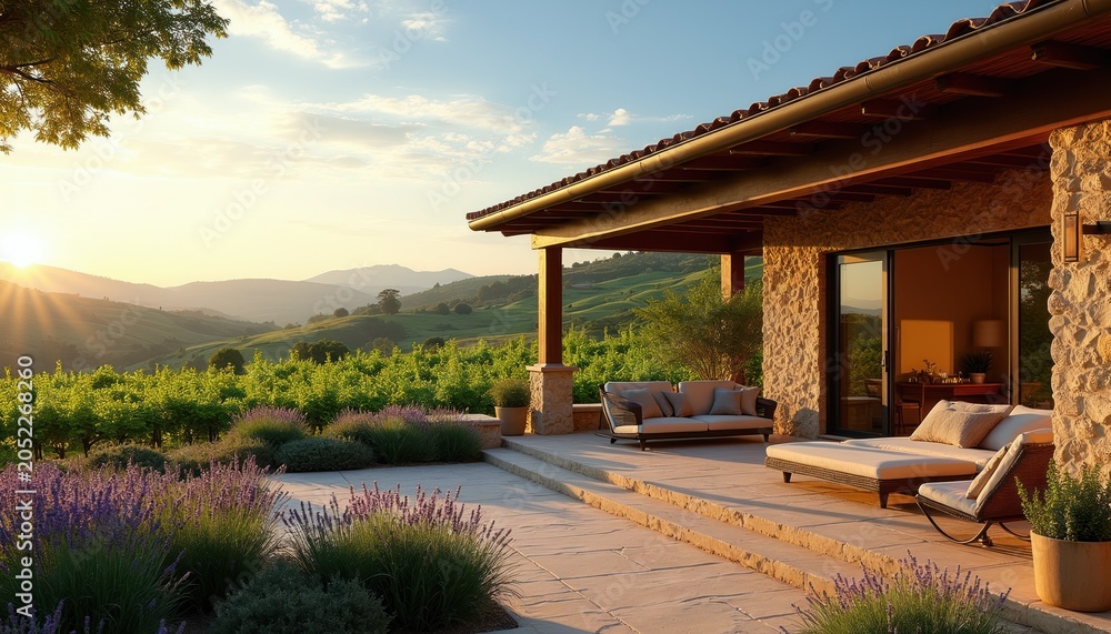 Fototapeta premium Stone villa patio offers luxury relaxation. Vineyards spread across rolling hills. Sunset lights up the serene landscape. Outdoor furniture invites rest and enjoyment of nature.