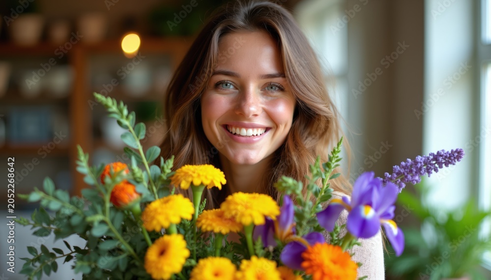 Fototapeta premium Young woman smiles holding colorful spring flower bouquet indoors. Fresh floral arrangement with yellow orange flowers and purple iris. Happy female with natural beauty.