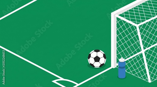 Isometric soccer ball on green field near goal post, minimalist football pitch illustration, sports equipment and water bottle on grass background