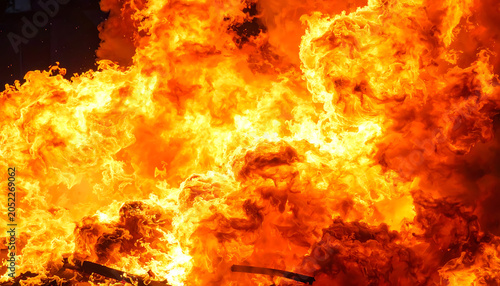 Intense fiery explosion with bright orange and yellow flames, chaotic energy, dynamic motion, dramatic impact, destructive power, inferno effect, danger concept