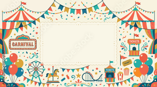 Retro carnival flat vector background, circus tent corners, bunting flags, confetti, balloons and decorative carnival elements positioned around the frame, spacious copy space in center, clean minimal