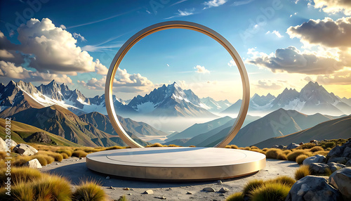 Golden portal archway on a circular stage set against majestic snow-capped mountains and a cloudy sky, epic landscape vista