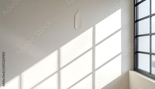 Interior wall with geometric shadow patterns from a large industrial window, soft light and minimalist decor