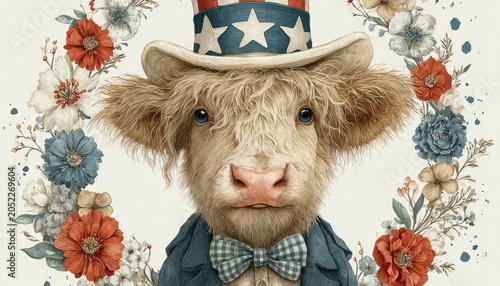 Patriotic Highland cow watercolor illustration for Fourth of July