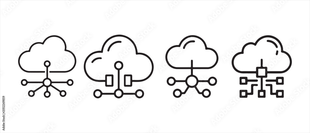 Fototapeta premium Set of cloud computing network connection icons with digital lines and nodes representing data storage and technology communication systems.