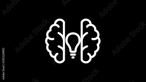White outline of a brain with a lightbulb inside on a black background