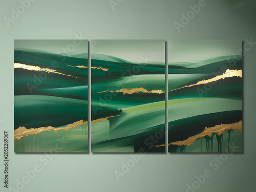 Green Abstract Triptych Art with Gold Accents on Wall