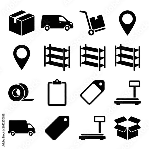 Collection of black and white icons representing logistics, shipping, and delivery services, including boxes, vans, trucks, and tracking markers.