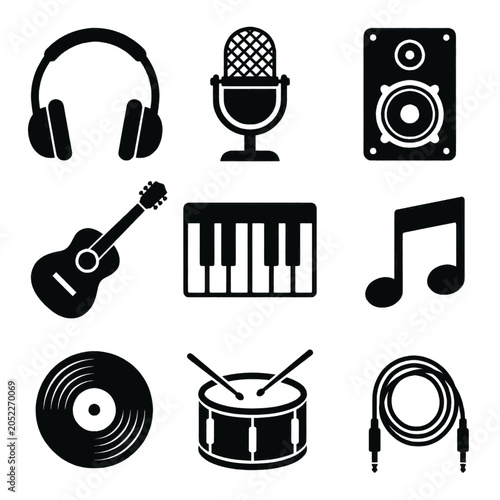 Canvas Print Collection of musical instruments and audio equipment icons, representing music creation and sound production
