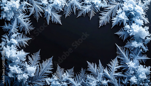 intricate icy frost frame with crystalline snowflake patterns, delicate winter wonderland border for holiday designs