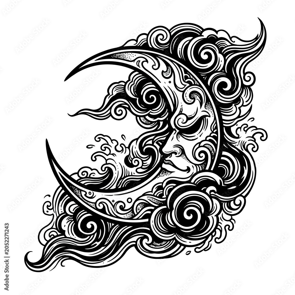 Fototapeta premium Crescent moon face with swirling clouds, black and white illustration