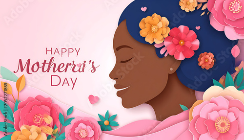 Happy mother's day greeting card with profile of a woman with flowers in her hair and colorful floral border, warm and celebratory