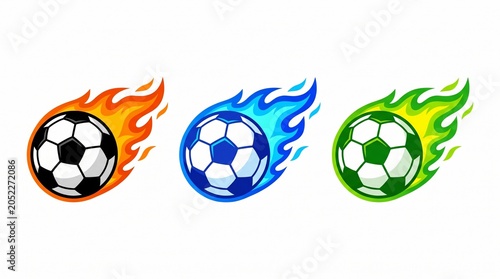 Flaming soccer ball icons set, three colorful footballs with fire trails, dynamic sports graphic elements for tournament branding and team logos