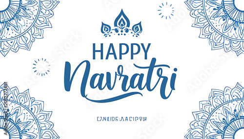 Happy Navratri text with blue Indian mandala pattern in corners and firework elements, festive greeting