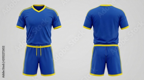 Blue soccer uniform mockup with yellow trim, front and back view of football jersey and shorts, professional athletic team apparel kit