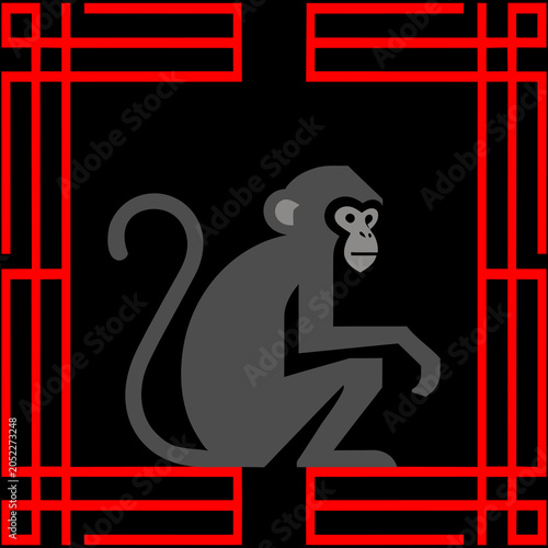 Photography Minimalist grey monkey illustration on black background.