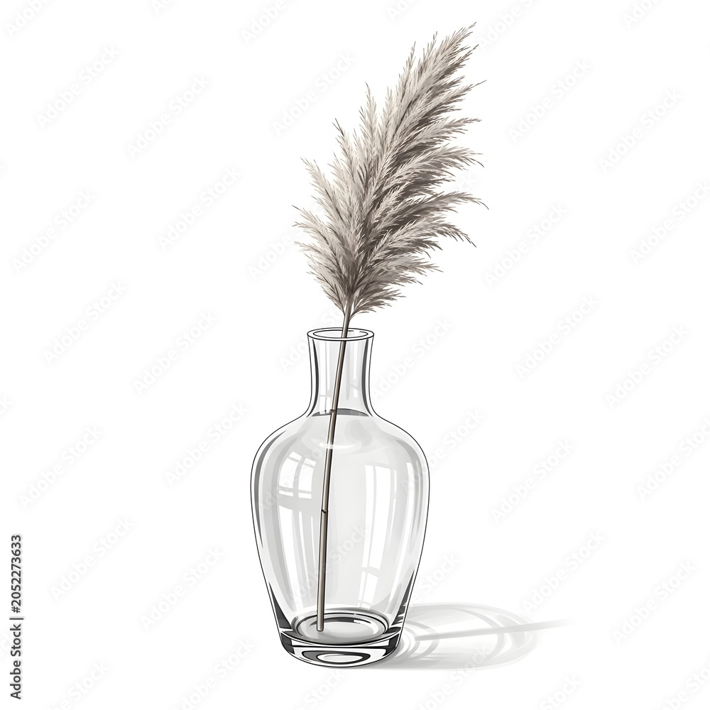 Fototapeta premium Elegant transparent glass vase holding a delicate dried pampas grass plume, minimalist decor illustration