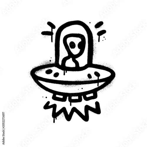 UFO abduction beam graffiti, bold spray painted flying saucer icon with dripping light rays, minimal black and white scifi street art symbol for danger posters, club flyers, conspiracy themed designs