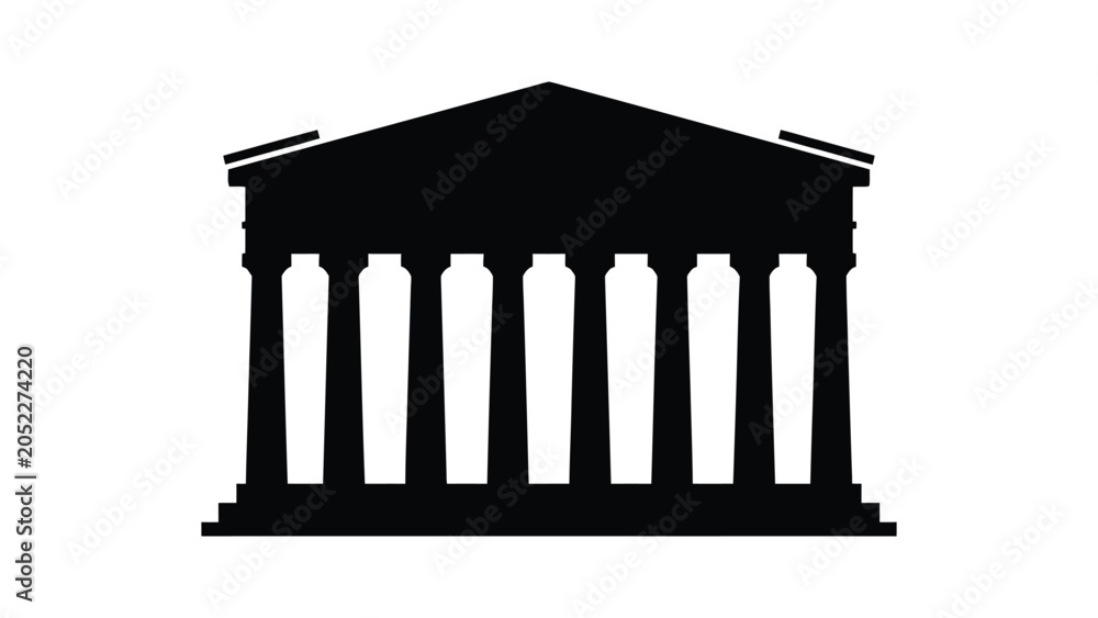 Naklejka premium Black silhouette of a classic Greek or Roman temple architecture icon.