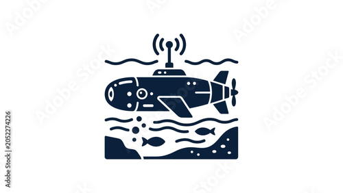 Black and white icon of a submarine underwater with antenna signal.